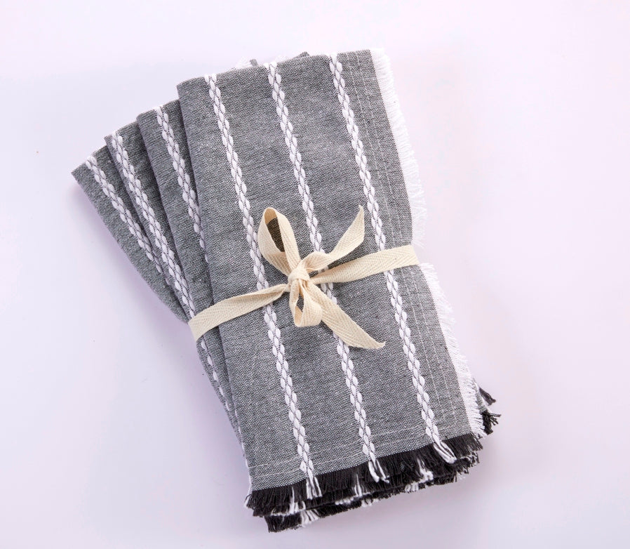 Dobby Stripe Fringe Napkins -Set of 4- 100% Cotton -Steel